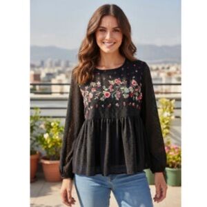 Jasmine & Juliana Black Floral Boho Embroidered Peplum Babydoll Top Large